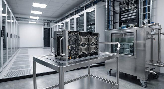 High-performance GPU server cassette on stainless cart in clean data center environment