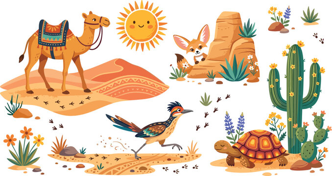 Cute desert wildlife illustration collection with cartoon camel fennec fox roadrunner and tortoise clipart set for educational kids design products
