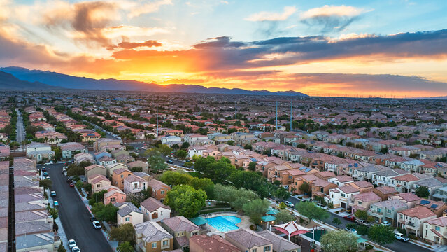 Aerial Las Vegas Neighborhood Sunset Pool and Mountain View