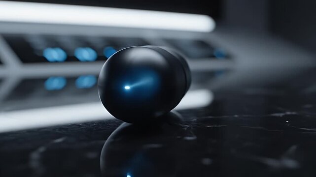 Close-up of a Sleek Black Wireless Earbud Charging Case on a Reflective Surface
