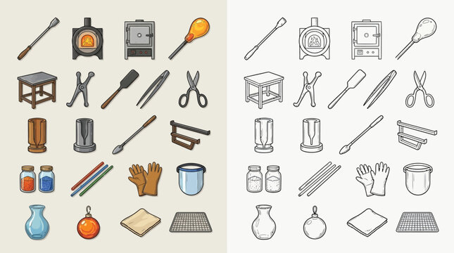 Collection of glassblowing tools and equipment, presented in both color and outline versions for versatility.