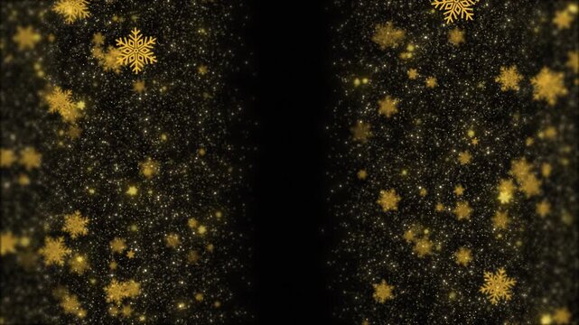 Christmas glitter snowflake frame golden particles, star sparkles, and dark empty center. holiday cards, festive videos, winter greetings, luxury event titles, celebration intros, motion backgrounds.