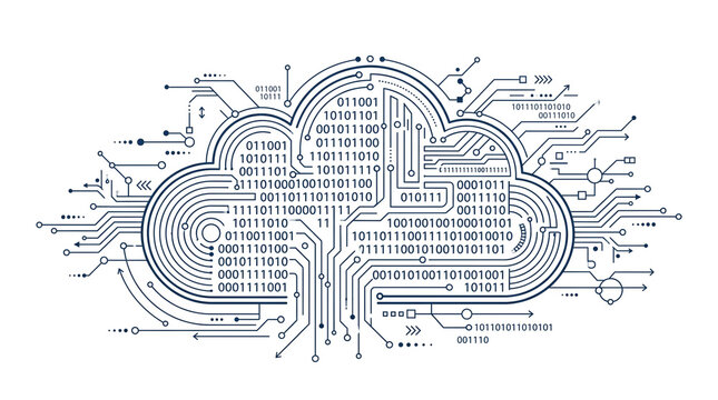 Cloud computing circuit board concept, digital data storage network with binary code, blue technology infrastructure on white background