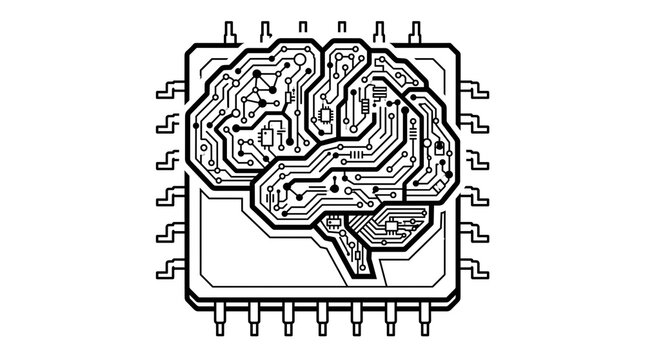 Artificial intelligence brain circuit board icon, digital human mind on microchip, black and white technology line art for machine learning