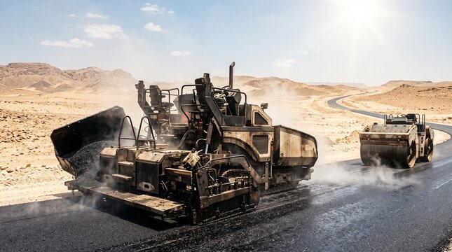 Heavy duty asphalt paver and road roller machine paving a new road in a desert landscape under bright sunlight