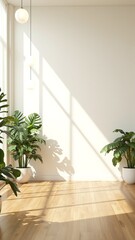 Fototapeta premium Empty Wall Mockup in Bright Tropical Living Room