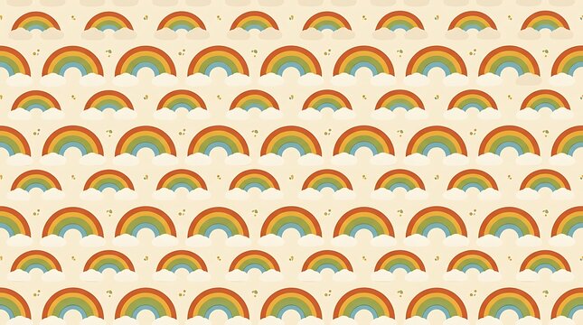 Retro seamless rainbow pattern with clouds on cream background