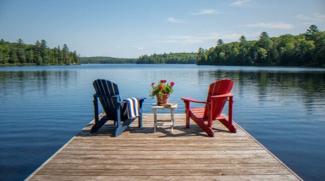 A tranquil scene featuring a blue and a red Adirondack chair placed on a wooden dock overlooking a calm, forest-lined lake on a sunny day.