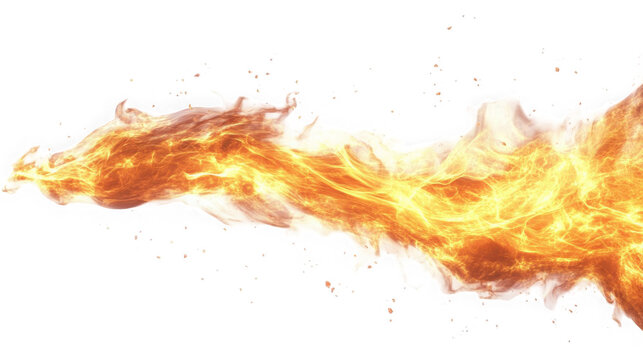 Fire flames erupt in a bright horizontal stream against a clean white background, creating a dynamic visual effect for creative design projects and digital compositions.