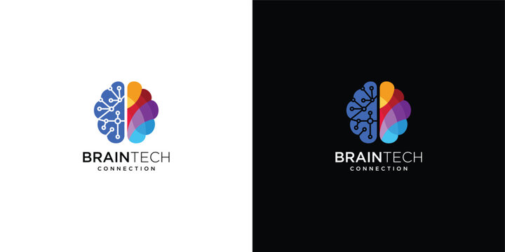 Brain Technology Connection Logo with Colorful Creative and Digital Circuit Halves