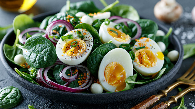 Fresh spinach and boiled egg salad with red onion in a black bowl. Perfect for healthy eating and diet concepts.