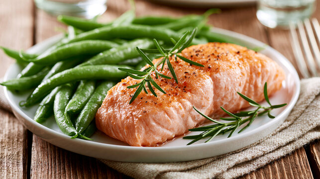 A delicious cooked salmon fillet served with green beans and fresh rosemary on a plate. Ideal for healthy eating and.