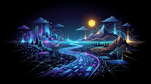 Digital landscape with neon highway and futuristic pixel mountains