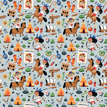 Children's vector seamless print design with cowboys and Indians. USA. America. Pattern for boys with American nature and funny characters.