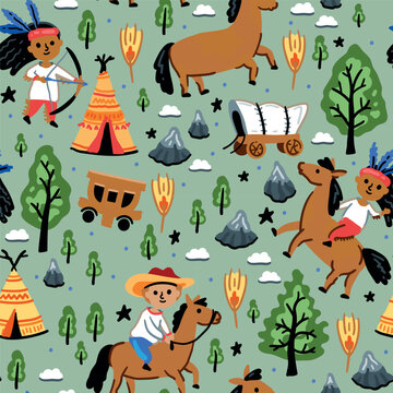 Children's vector seamless print design with cowboys and Indians. USA. America. Pattern for boys with American nature and funny characters.