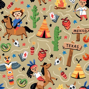 Children's vector seamless print design with cowboys and Indians. USA. America. Pattern for boys with American nature and funny characters.