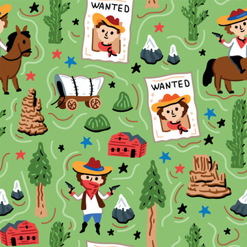 Children's vector seamless print design with cowboys and Indians. USA. America. Pattern for boys with American nature and funny characters.