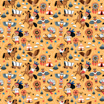 Children's vector seamless print design with cowboys and Indians. USA. America. Pattern for boys with American nature and funny characters.