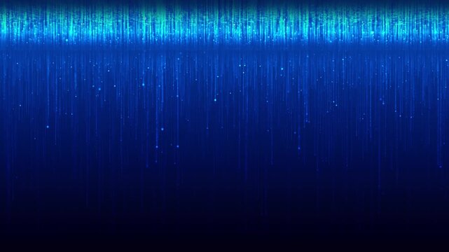 Cyan digital rain 19 visual luminous vertical lines, pixel particles, and deep blue cyber atmosphere. data analysis videos, software explainers, server graphics, futuristic motion backgrounds.