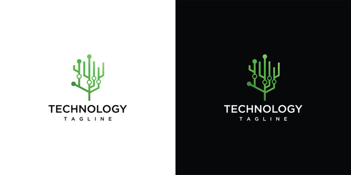 Green Technology Tree Circuit Logo Design on White and Black Backgrounds