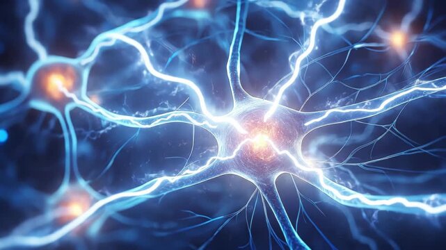 Abstract glowing neurons interconnected in a digital neural network representing brain activity