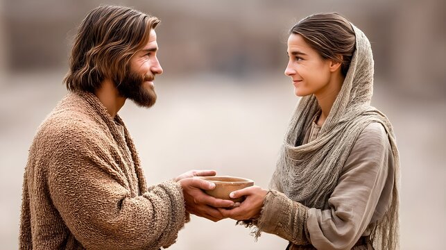 Jesus helps a tired traveler as Mother Mary offers water