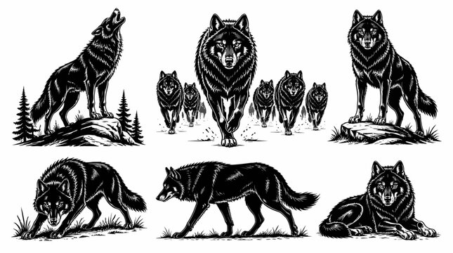 Wolf pack set in engraving style, wild canine silhouettes