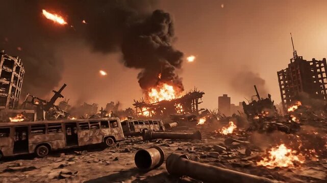 Devastated city street with burning buildings and destroyed vehicles during a massive urban conflict, armageddon scene.