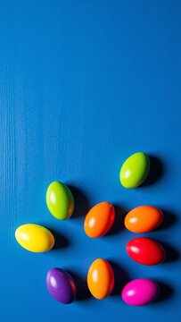 Colorful Easter Eggs on Blue Wooden Background
