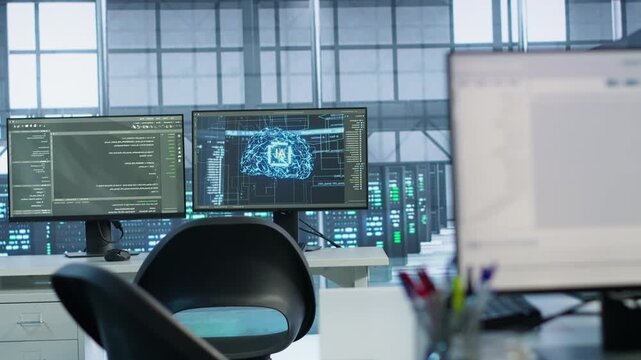 Detailed AI scripts displayed on PC monitors, handheld camera movement, while lines of code running on computer screens in data center providing computing resources for artificial intelligence tech.