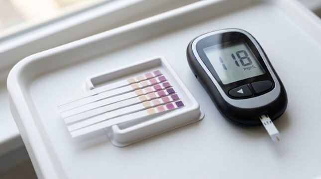 Ketone test strips arranged in a small tray beside a glucometer in a hospital room, medical equipment concept with no people