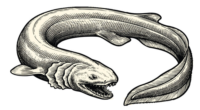 Detailed vintage illustration of a frilled shark in black and white