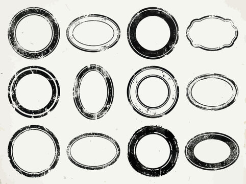 Set of grunge rubber stamp frames in round and oval shapes for design