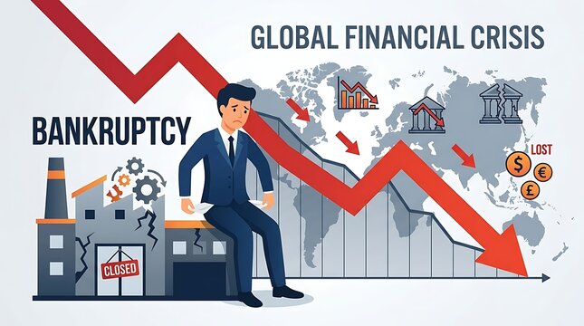 Global Financial Crisis Vector Illustration with Businessman, Bankruptcy, and Economic Downturn Graph