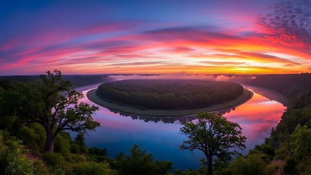 Horseshoe river bend at sunset with forest.