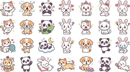 Cute pet animal cartoon characters sticker sheet with cat dog panda and rabbit emoji poses for children school scrapbooking sublimation and baby nursery marketing © Protima