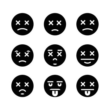 Black dead face and silly tongue-out emoji icons set.