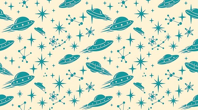 Retro atomic age seamless pattern with flying saucers and stars