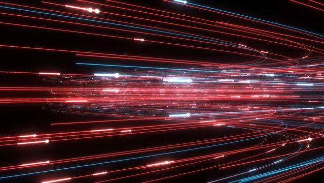 A dynamic, abstract visualization of high-energy network data streams or digital communication. 3D Render