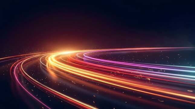 High speed digital data transfer concept with colorful glowing neon light trails curving on a dark futuristic background