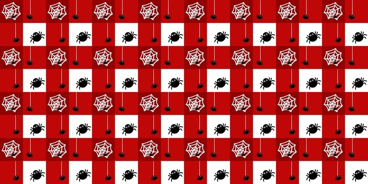 Bright red and white chequerboard square grid with small black spiders and web icons. Eye-catching seamless pattern for Halloween horror night party flyers and cushion covers.