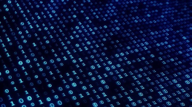 Cyan binary numbers data visual glowing code rows, dark perspective, and futuristic computing style. encryption videos, coding tutorials, database themes, cyber , motion backgrounds.