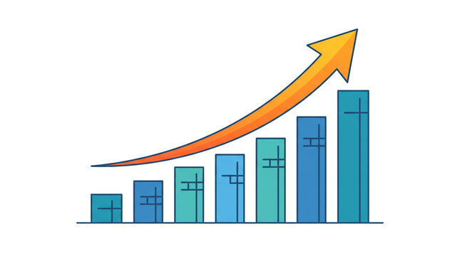Financial growth bar chart with rising arrow, business success data visualization, blue and teal column graph showing upward trend and profit increase