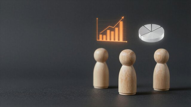Three wooden figures face glowing data charts, symbolizing business analysis and decision-making.