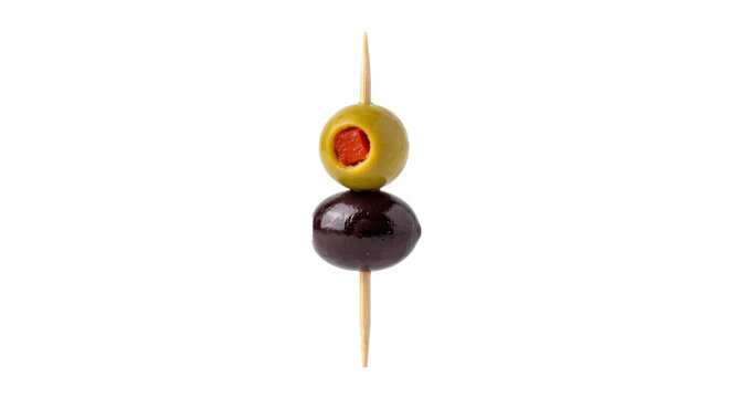 A green pimento-stuffed olive and a black olive skewered on a wooden toothpick against a clean white background in a minimalist studio shot.