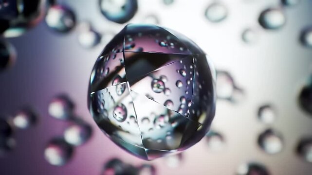 Faceted glass sphere floating among blurred water droplets on a purple and grey background