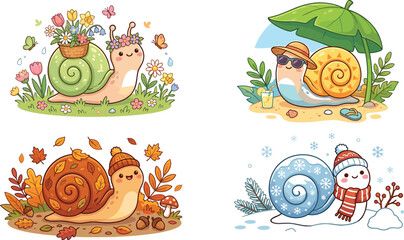 Cute seasonal snail vector illustration set featuring kawaii cartoon characters for spring summer autumn and winter calendar designs nursery stickers and children decoration © Protima