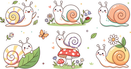Cute snail vector illustration set featuring kawaii cartoon characters with mushrooms flowers and leaves for children apparel stickers and nursery decor templates © Protima