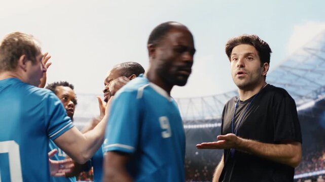 Referee raises red card toward a protesting soccer player, with VAR complaint, match official decision, unsportsmanlike conduct, and sent-off punishment.