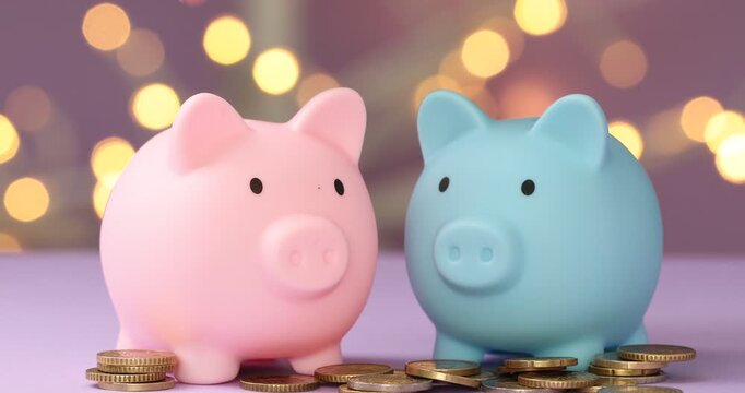 Woman putting coins into piggy bank against purple background with blurred lights, closeup. Bokeh effect